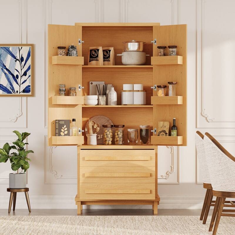 Farmhouse 70" Tall Kitchen Pantry Cabinet,Freestanding Wooden Kitchen Cupboard with 6 Door Shelves and 3 Drawers