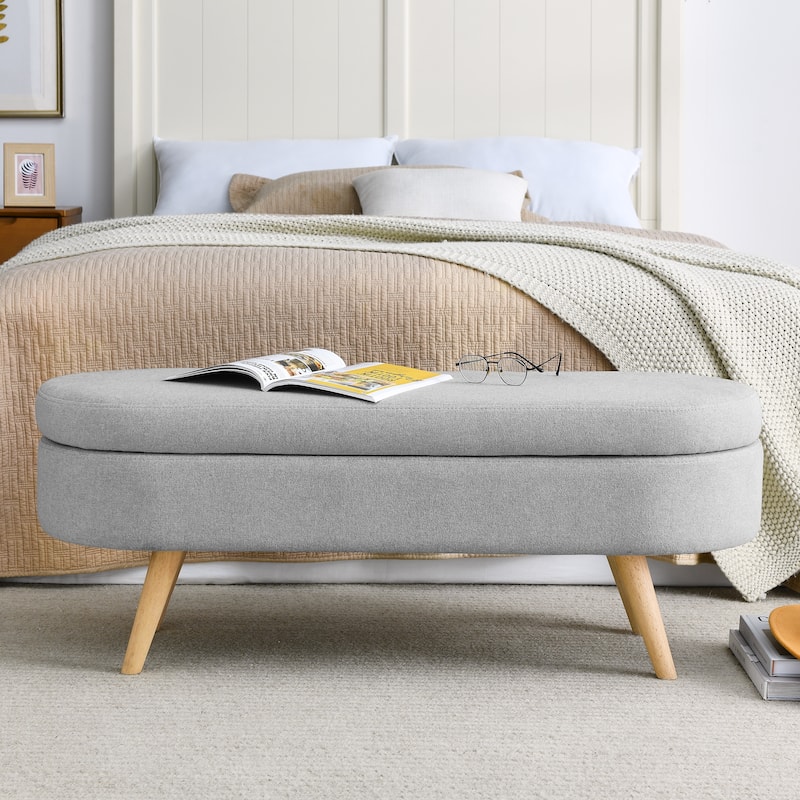GDFStudio - Emma Linen Pleated Storage Ottoman Bench with Durable Rubberwood Legs