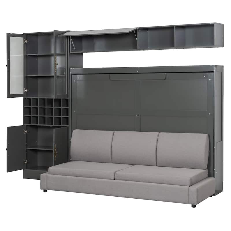 Full Size MDF Murphy Bed with Sofa, Shelves, USB Ports and LED Lighting