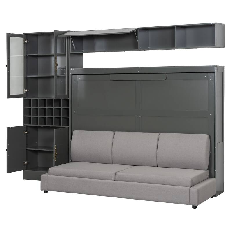 Space-Saving Full Size Murphy Bed with Sofa, Shelves, USB & Light in Gray