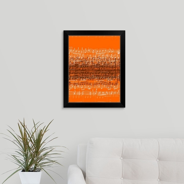 "Musical notes over orange background" Black Framed Print