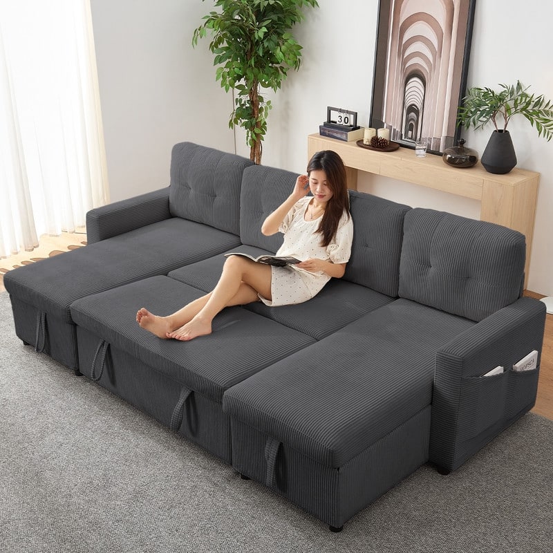 W103" Corduroy 4-Seater Modular Sleeper Sofa Bed with Storage Chaise,U-shaped Sofa with Pull-out Bed