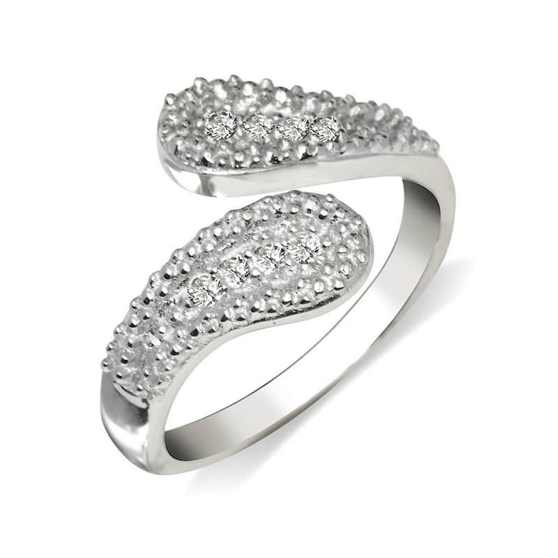 Curata Solid 925 Sterling Silver Elegant Beaded Bypass Adjustable Cubic Zirconia Toe Ring (14mmx15mm)