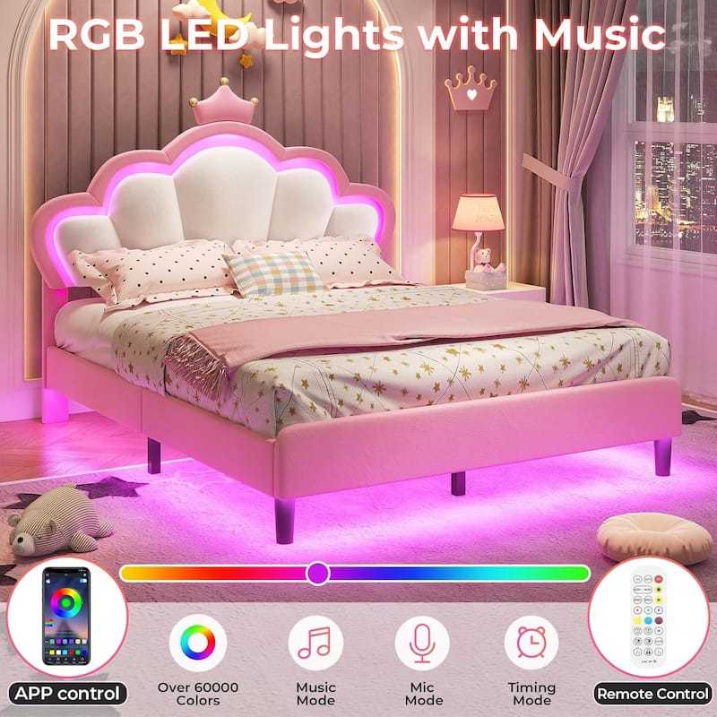 Bed Frame LED Lights Girls Bed Princess Crown Velvet Upholstered Platform Bed
