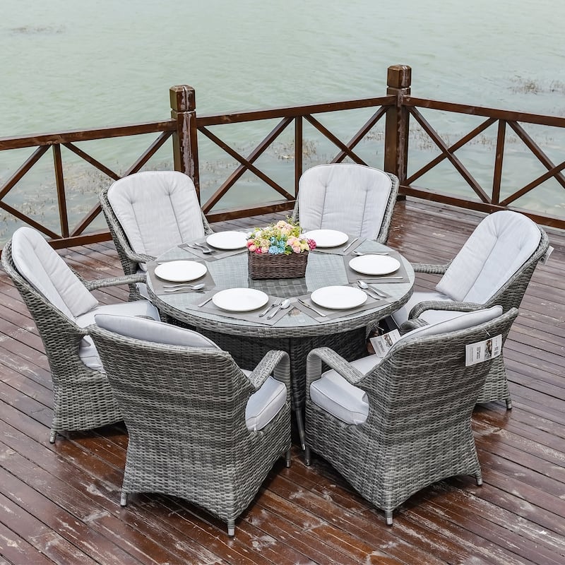 Abrihome 7-piece Outdoor Wicker Dining Table Set with 6 Eton Chairs