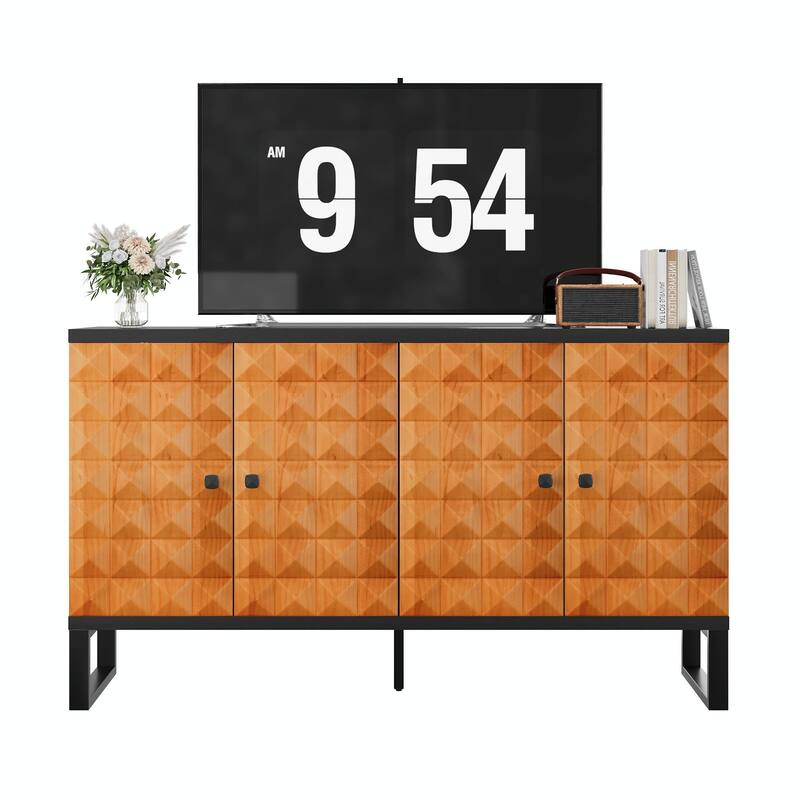 Modern 4-Door Buffet Cabinet with Storage, Retro Wooden Design & Geometric Patterns