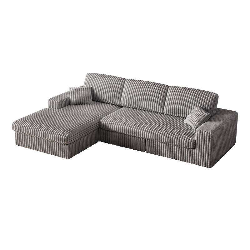 Corduroy Sleeper Sofa Bed L-shaped Sectional Sofa with Chaise, Living Room 2-in-1 Convertible Couch with Detachable Neck Pillows