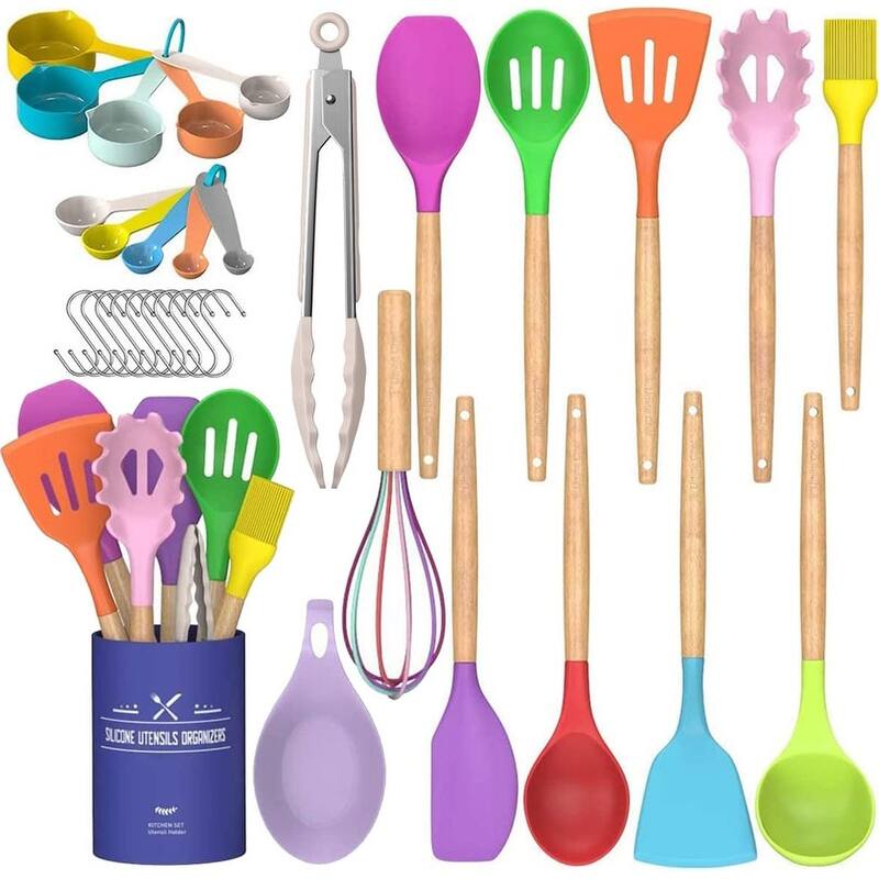 Kitchen Cooking Utensils Set, 33 pcs Non-Stick Utensils Spatula Set with Holder - Coloful