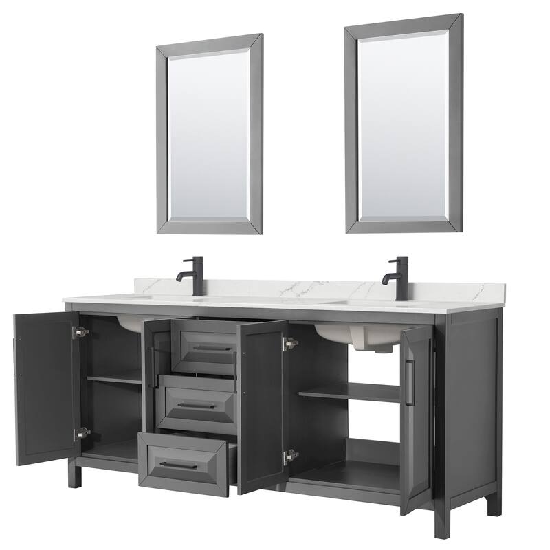 Daria 80-inch Double Vanity, Single Hole Quartz Top, 24-inch Mirrors