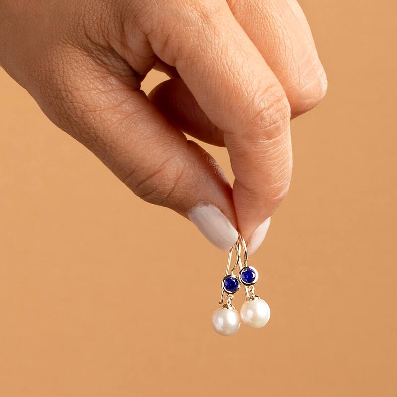 14k Yellow Gold Freshwater Pearl and Sapphire Birthstone Drop Earrings