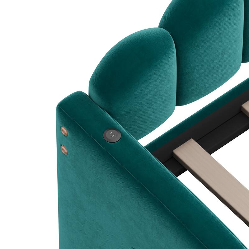 Twin Size Velvet Upholstered Daybed Vertical Stripes Backrest Sofa Bed with Trundle Bed, 2 USB Charging Ports, 2 Large Pockets