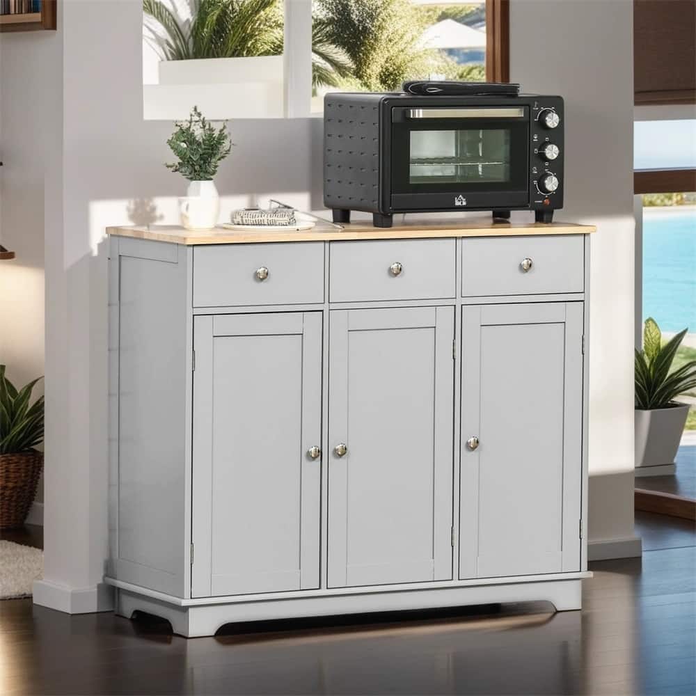 Sideboard Buffet Cabinet w/ Drawers, Rubberwood Top&Adjustable Shelves