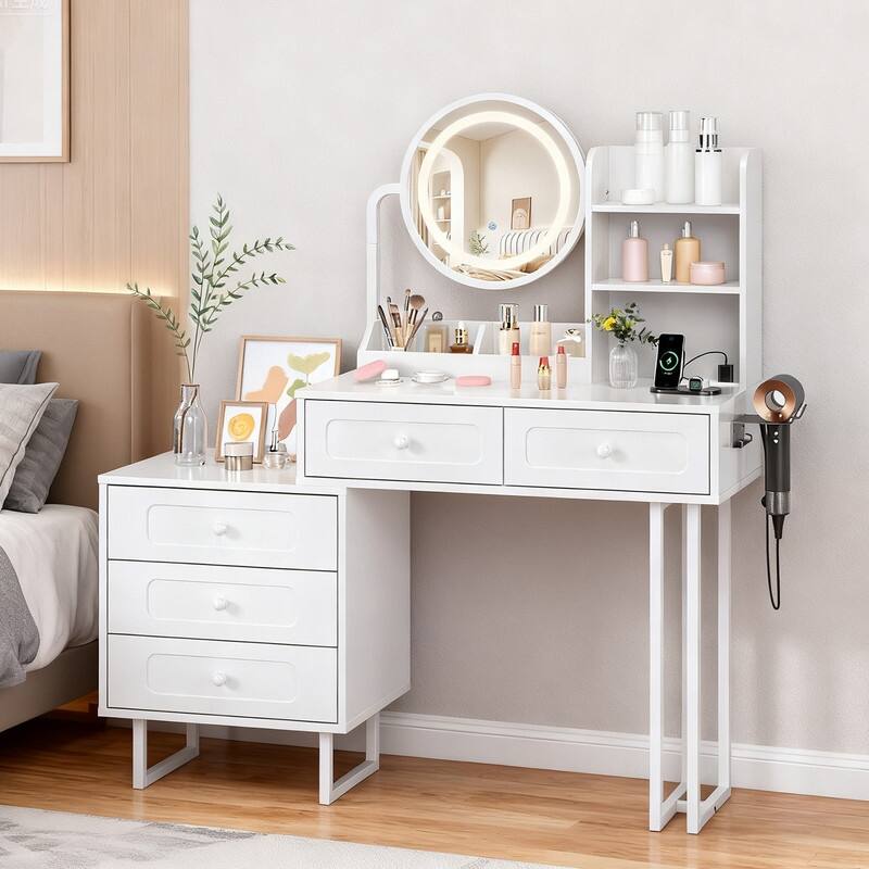 Particle Board Veneered White Bracket, White Iron Feet, 5-drawer 2-compartment 2-tier Rack Dressing Table - N/A - White
