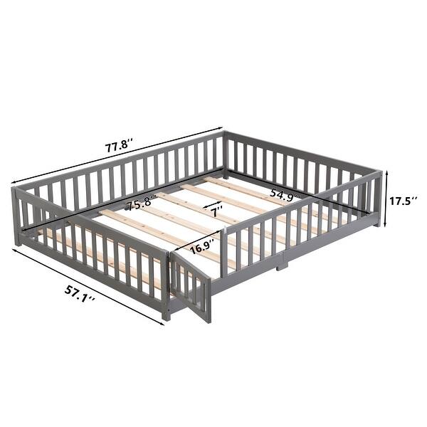 dimension image slide 1 of 3, Full Size Floor Bed with Safety Guardrails and Door, Solid Wood Platform Frame for Children
