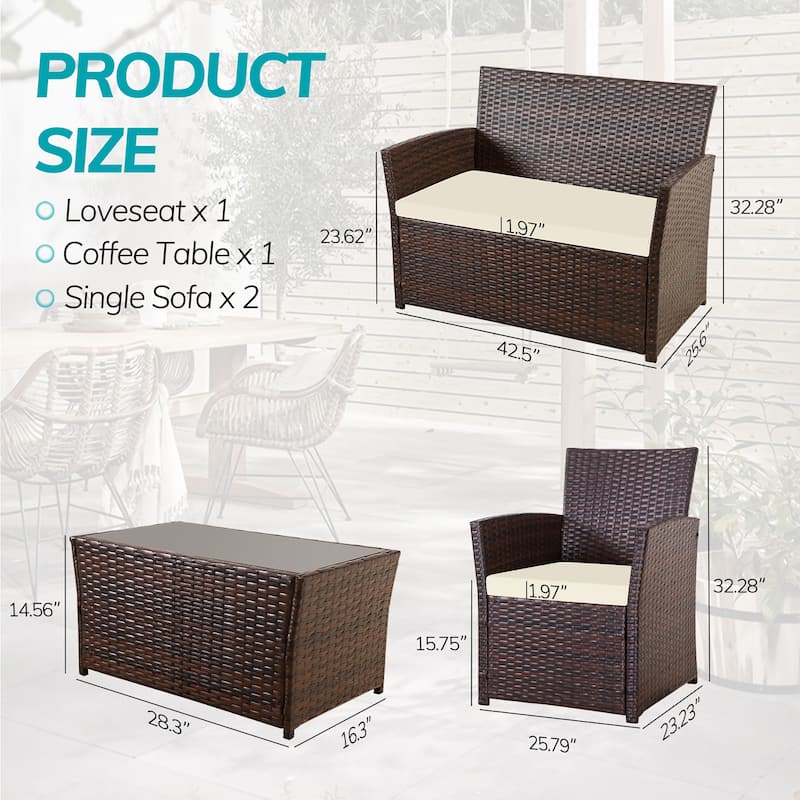 4-Piece Wicker Outdoor Sofa Set, 1 Loveseats, 2 Single Sofas, 1 Table