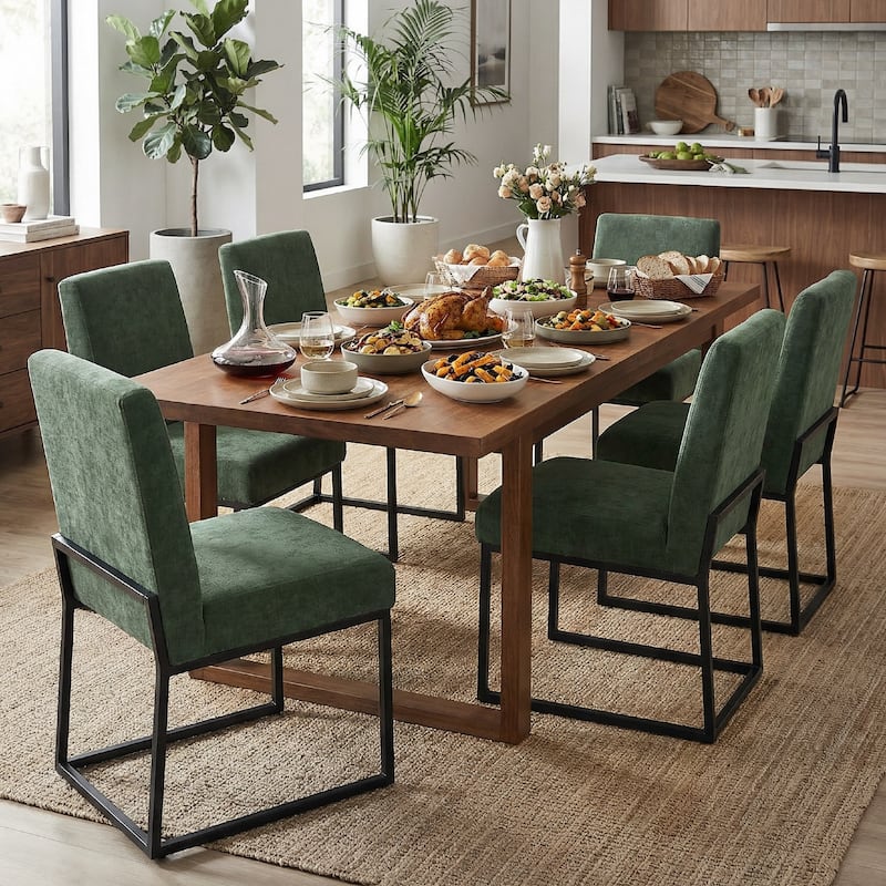 Mid Century Modern Dining Chair with Black Metal Legs - Set of 6 - Green-unstriped