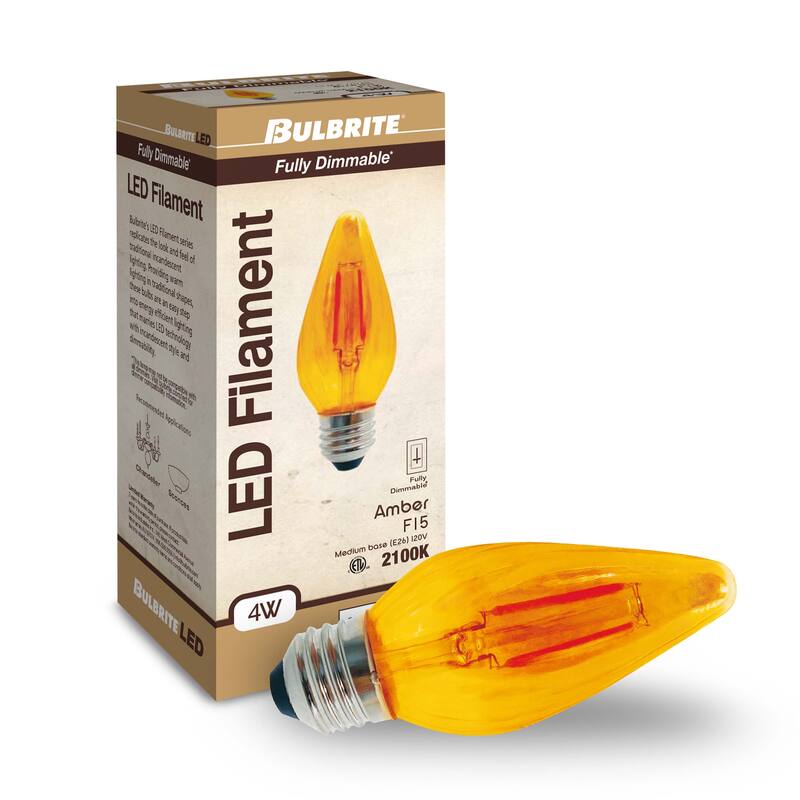 Bulbrite Fiesta Pack of (4) 4 Watt Dimmable F15 LED Filament Light Bulb with Amber Glass Finish and Medium (E26) Base