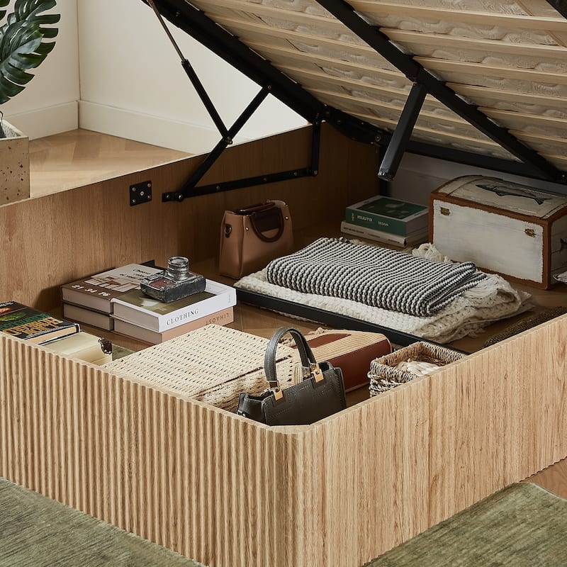 Queen Hydraulic Lift Up Storage Bed, Classic Wooden Grounding Platform Bed Frame, Heavy Duty Metal Slat Support