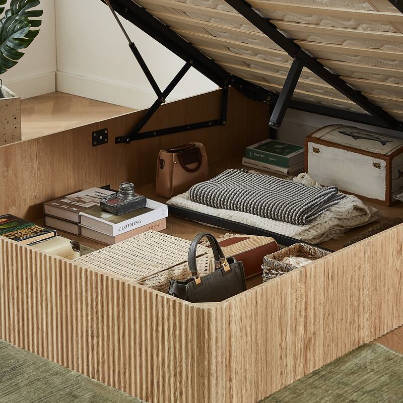 Queen Size Hydraulic Lift Storage Bed Frame with Rustic Wooden Accents, No Box Spring Needed, Easy Assembly