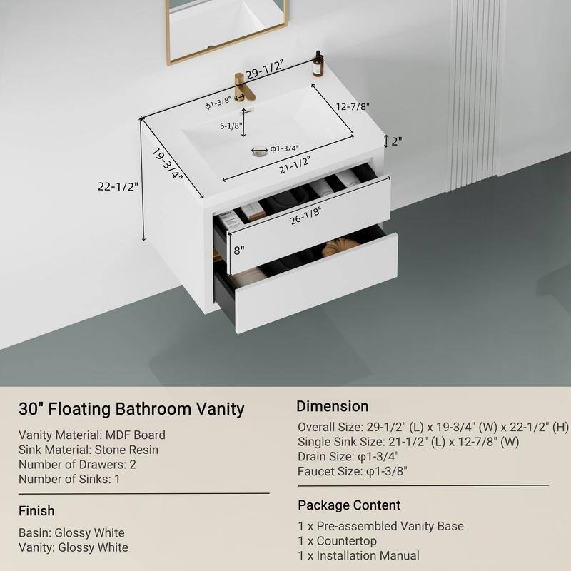 Abruzzo 30" Wall-Mount Bathroom Vanity with Stone Resin Top and Dual Soft-Close Drawers