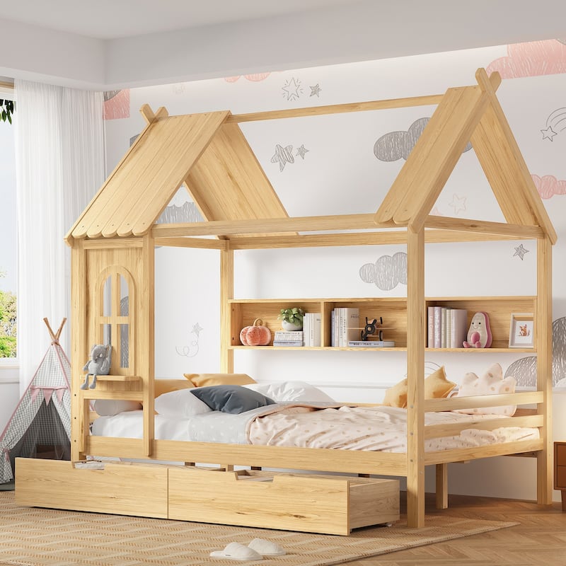 Charming House Bed for Girls, Boys Low Platform Bed Frame with Under-bed Drawers, Storage Shelves, Window and Roof