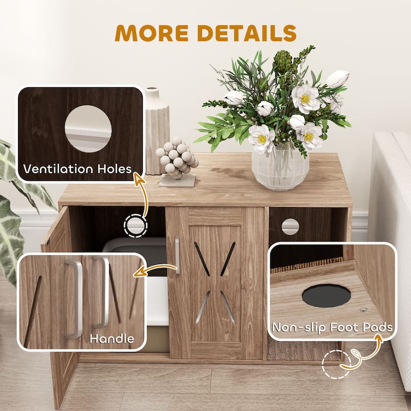 Walnut Brown Cat Litter Box Enclosure with Scratching Board and Barn Door Design Use as Side Table