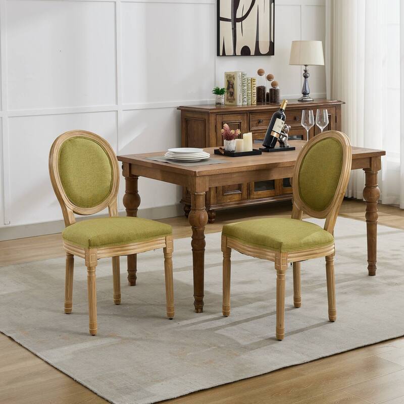 Kitchen Linen Dining Chair Set of 2, Wooden Frame Chair w/ Oval Backrest