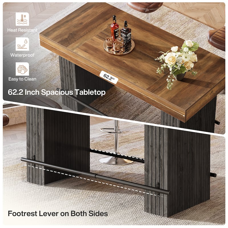 63-Inch Bar Table, Industrial Counter Height Pub Dining Table with Metal Footrest - Rustic Brown