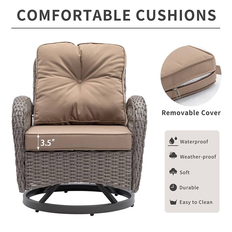 3 Pieces Outdoor Swivel Rocker Chairs, 360 Degree, Thickened Cushions & Glass Coffee Table