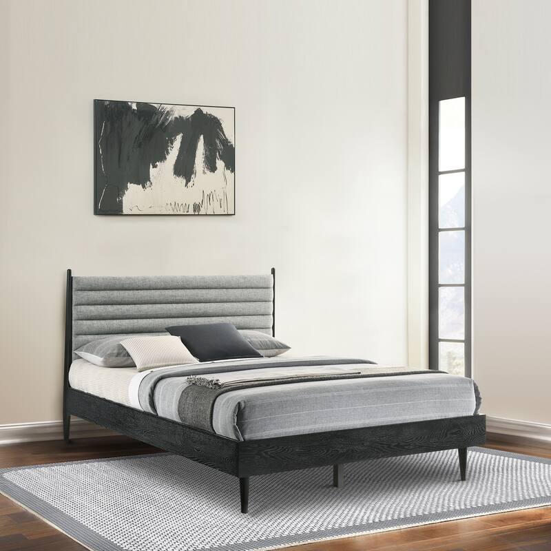 Artemio Black or Walnut Wood Queen Platform Bed Frame with Grey Upholstered Headboard - Black