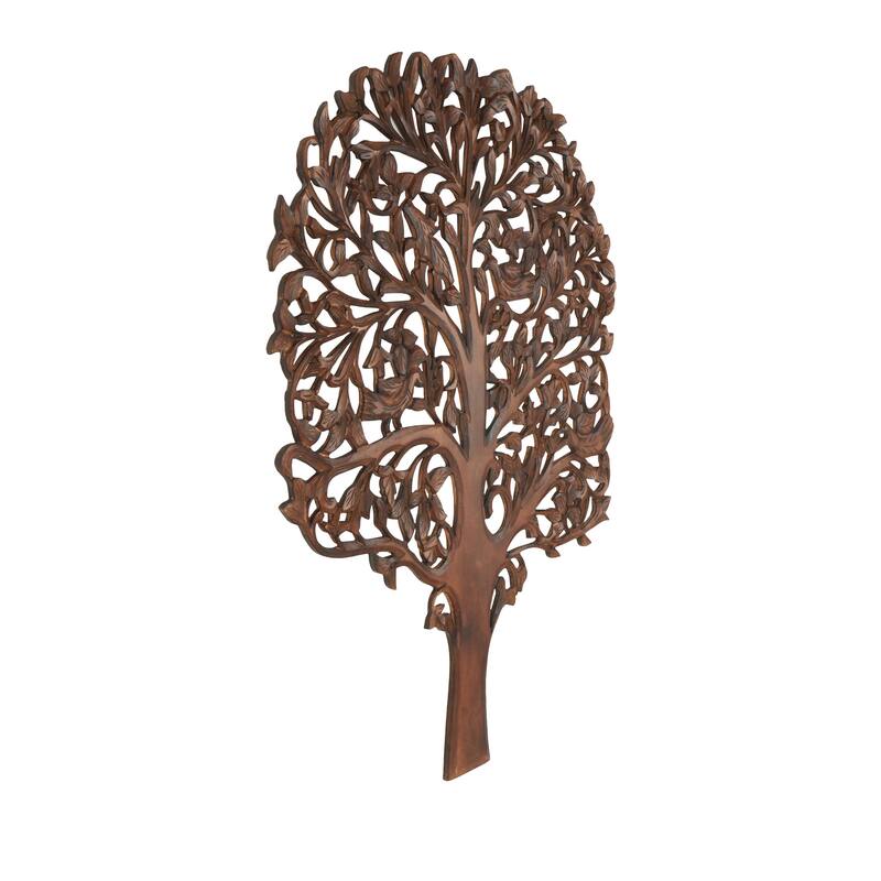 Brown Wooden Carved Tree Home Wall Decor with Animal Accents