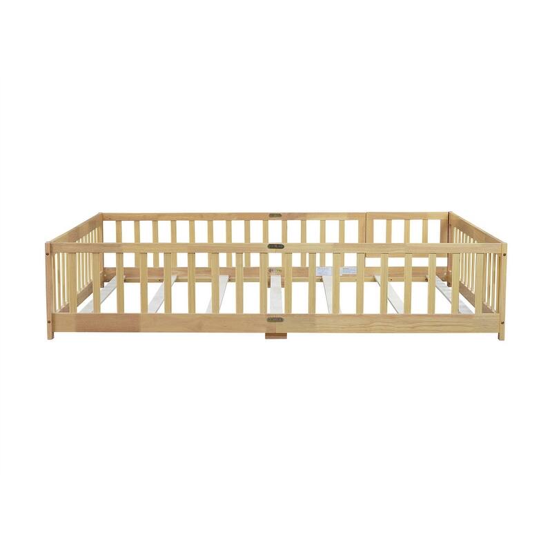 Twin/Full/Queen Size Floor Bed with Fence Guardrails and Door, Rubber Wood Toddler Bed Montessori Bed with Slats Support