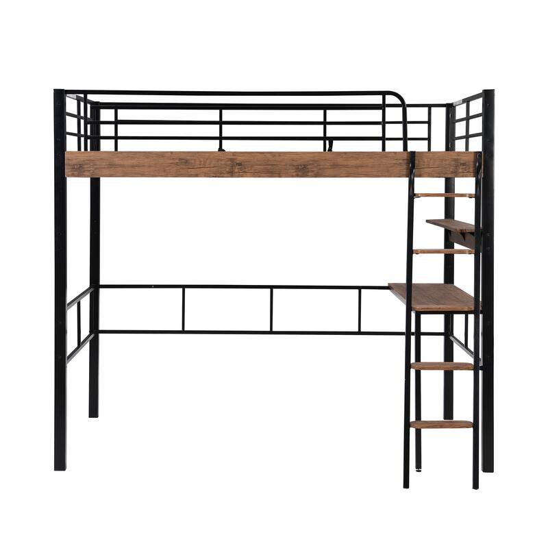 Metal High Loft Bed Frame with Built In Desk and Storage Shelf