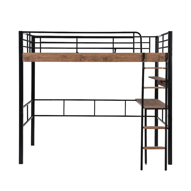 Roomfitters Twin/Full Metal Loft Bed with Built-in Desk, Ladder and Wall-Mounted Storage Shelf, Black
