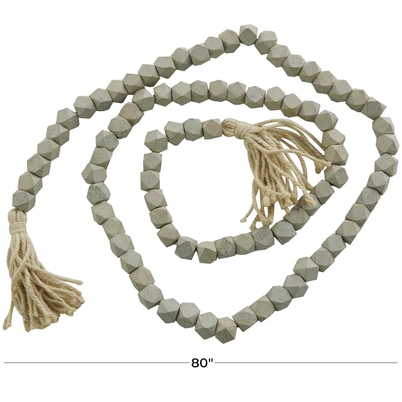 Mango Wood Handmade Hexagon Carved Geometric Long Beaded Garland with Tassel - Roche River Decor
