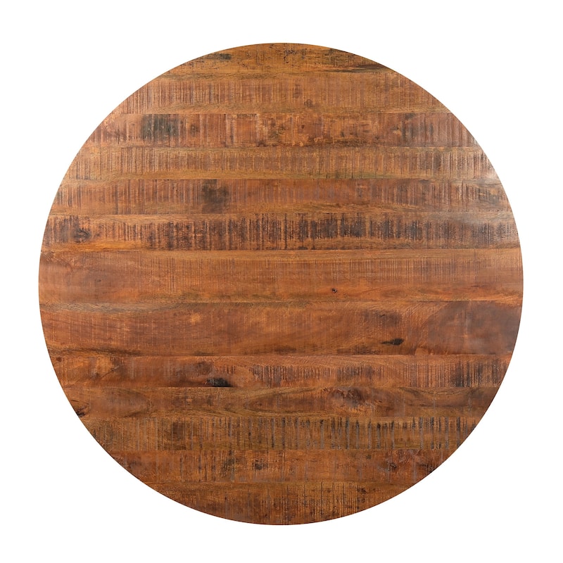 48 Inch Handcrafted Dining Table, Solid Mango Wood Round Top with Iron Crisscrossed Legs, Natural Brown and Black