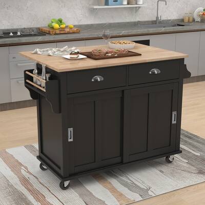 Wooden Kitchen Island with Rubber Drop-Leaf Countertop, Rolling Storage Cabinet wConcealed Sliding Barn Door & Adjustable Height