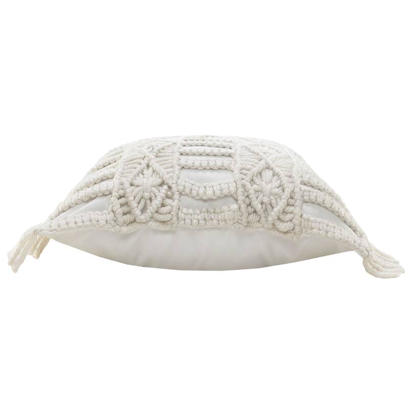 24" White Macrame Outdoor Square Throw Pillow