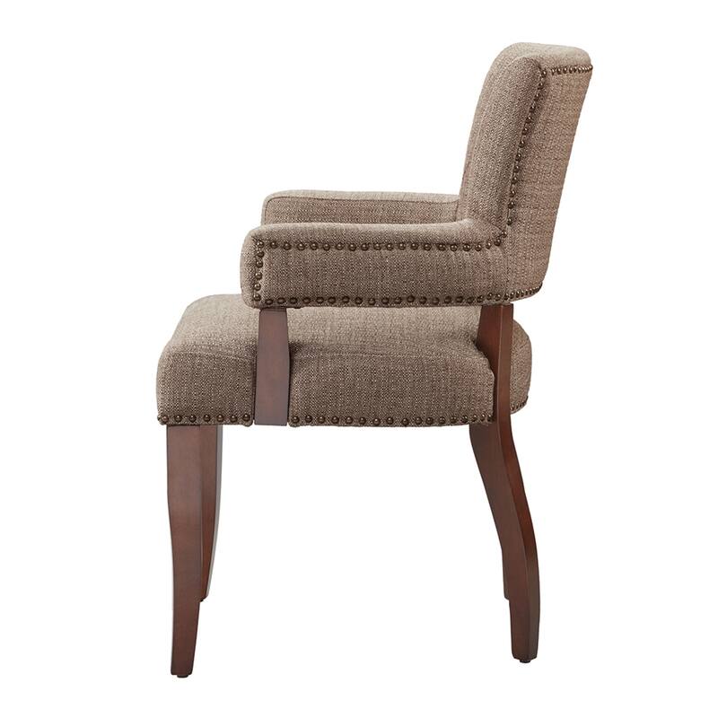Roomfitters Arm Dining Chair, Faux-Textured Brown Upholstery with Brass Nailhead Trim and Espresso Birch Legs
