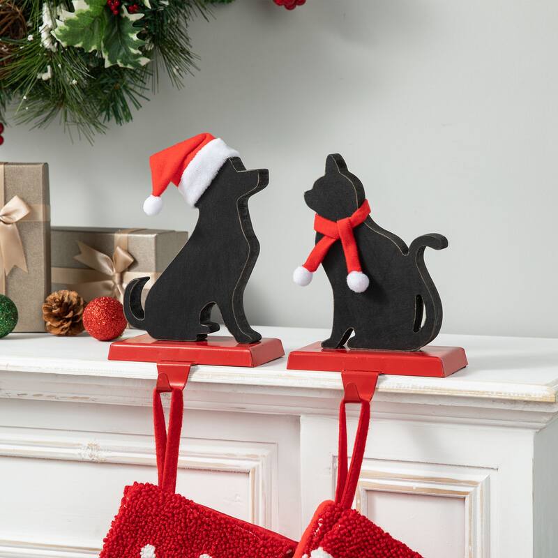 Glitzhome Wooden/Metal Cat & Dog Christmas Stocking Holders Mantel Ornament