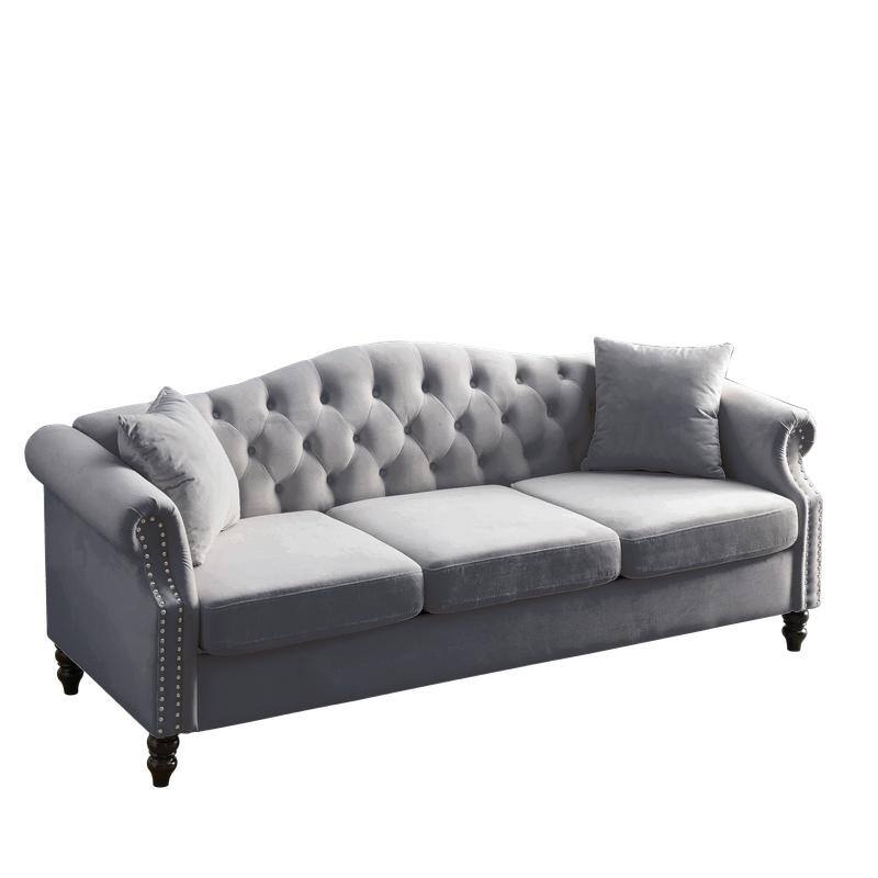 Chesterfield Sofa Velvet for Living Room, 3 Seater Sofa Tufted Couch with Rolled Arms and Nailhead, two pillows 