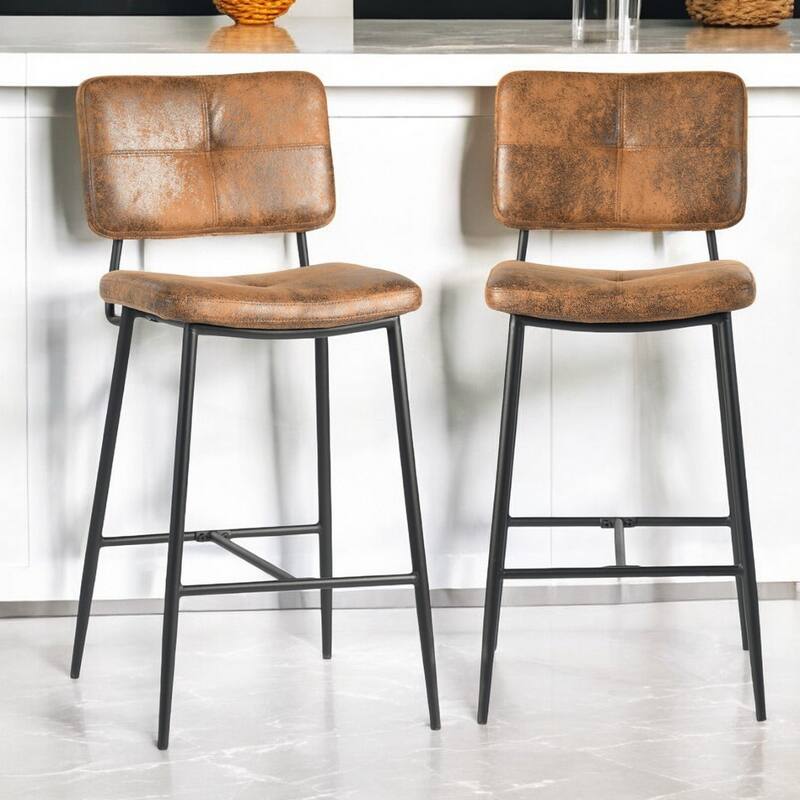 Set of 2 Modern 27” Seat Bar Height Stools with Low Backrest and Faux Leather Seat for Kitchen or Dining Room - Brown-Black