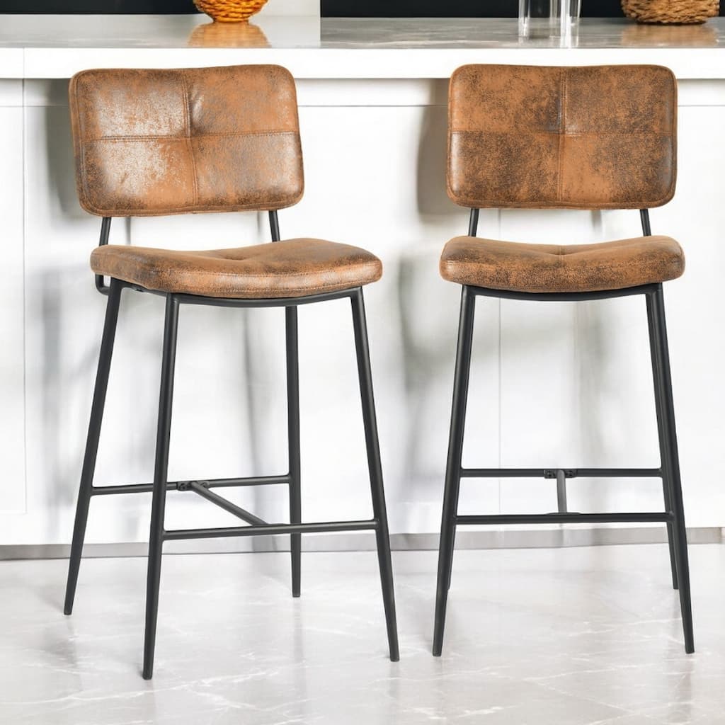 Set of 2 Modern 27” Seat Bar Height Stools with Low Backrest and Faux Leather Seat for Kitchen or Dining Room