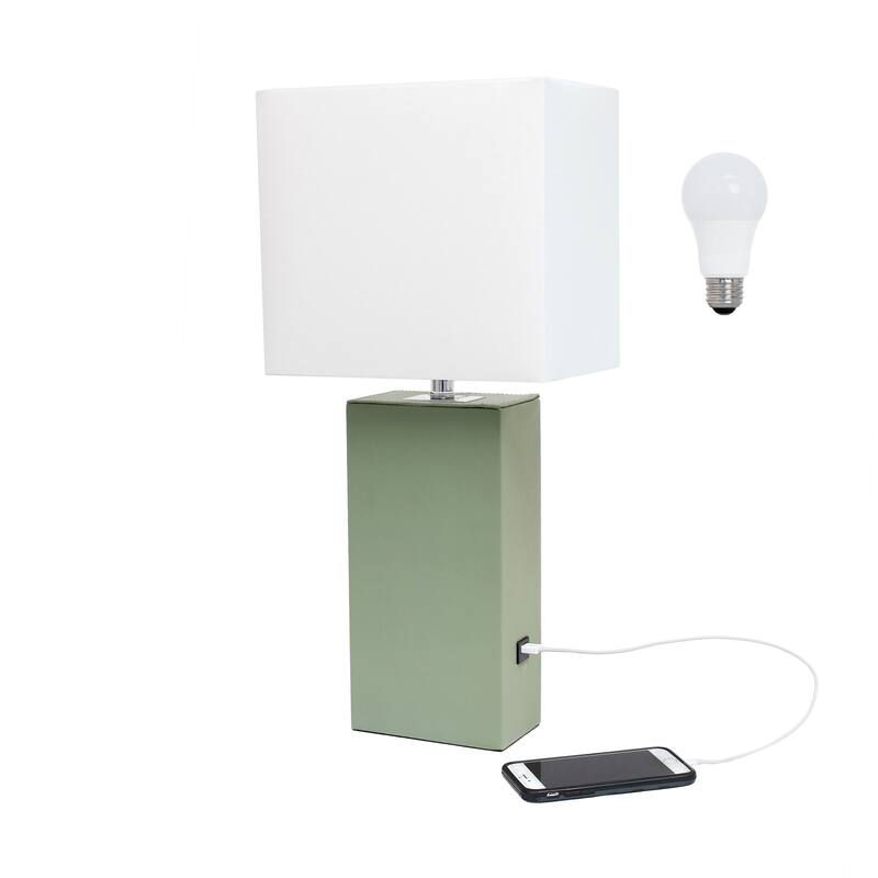 Modern Leather Table Lamp with USB and White Fabric Shade