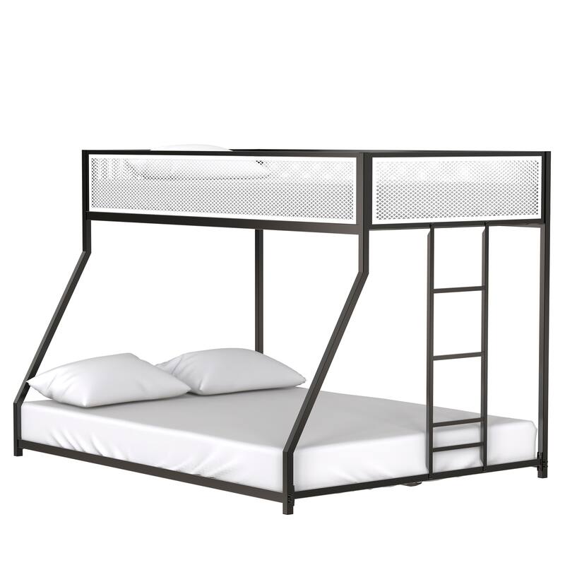 Adam Twin Over Full Metal Bunk Bed (Black) - White Mesh Guard Rail, Low Profile, Stable Ladder - for Kids & Adults