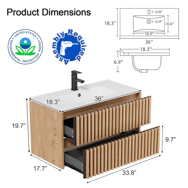 Wall Mounted Bathroom Vanity Set Mid-Century Storage Cabinet with Ceramic Sink