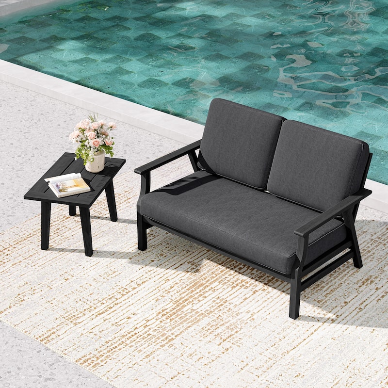 2-Piece Teak Outdoor Loveseat Set with Table. - Black Wood - Dark Grey/side table