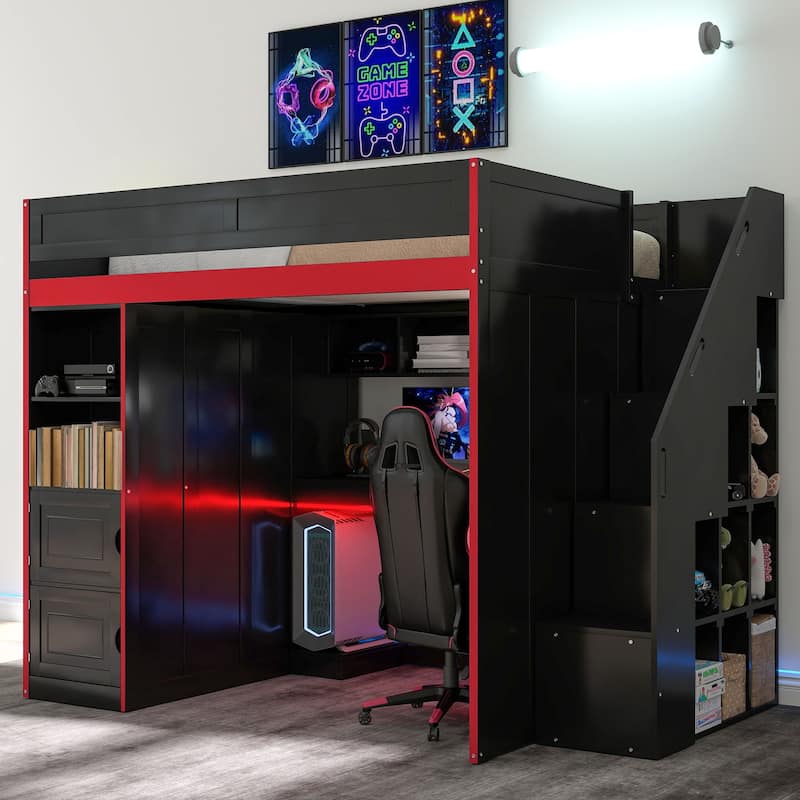 GDFStudio - Wooden Loft Bed with LED Desk, USB Ports and Dual Storage Drawers - Black - Twin