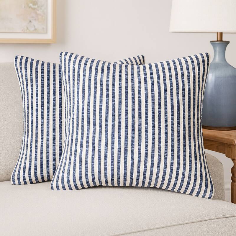 Power-Loomed Striped Square Throw Pillow Covers - 22" - Blue and White - Set of 2