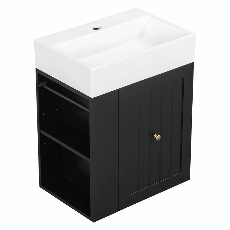 20-Inch Bathroom Vanity with Ceramic Sink - MDF Storage Cabinet with Drawer, Side Shelf and Silver Handle